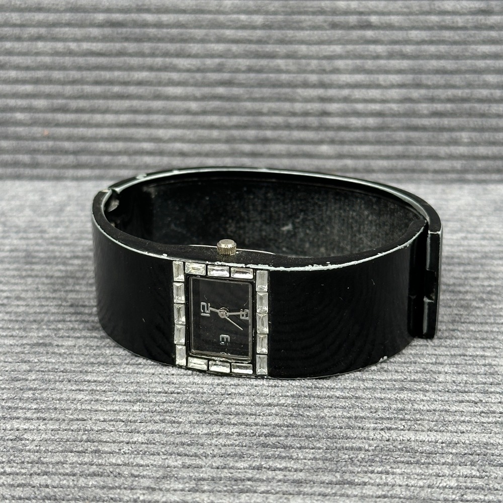 Womens Black Cuff Watch Baguette Accents Japan Movt Stainless Back